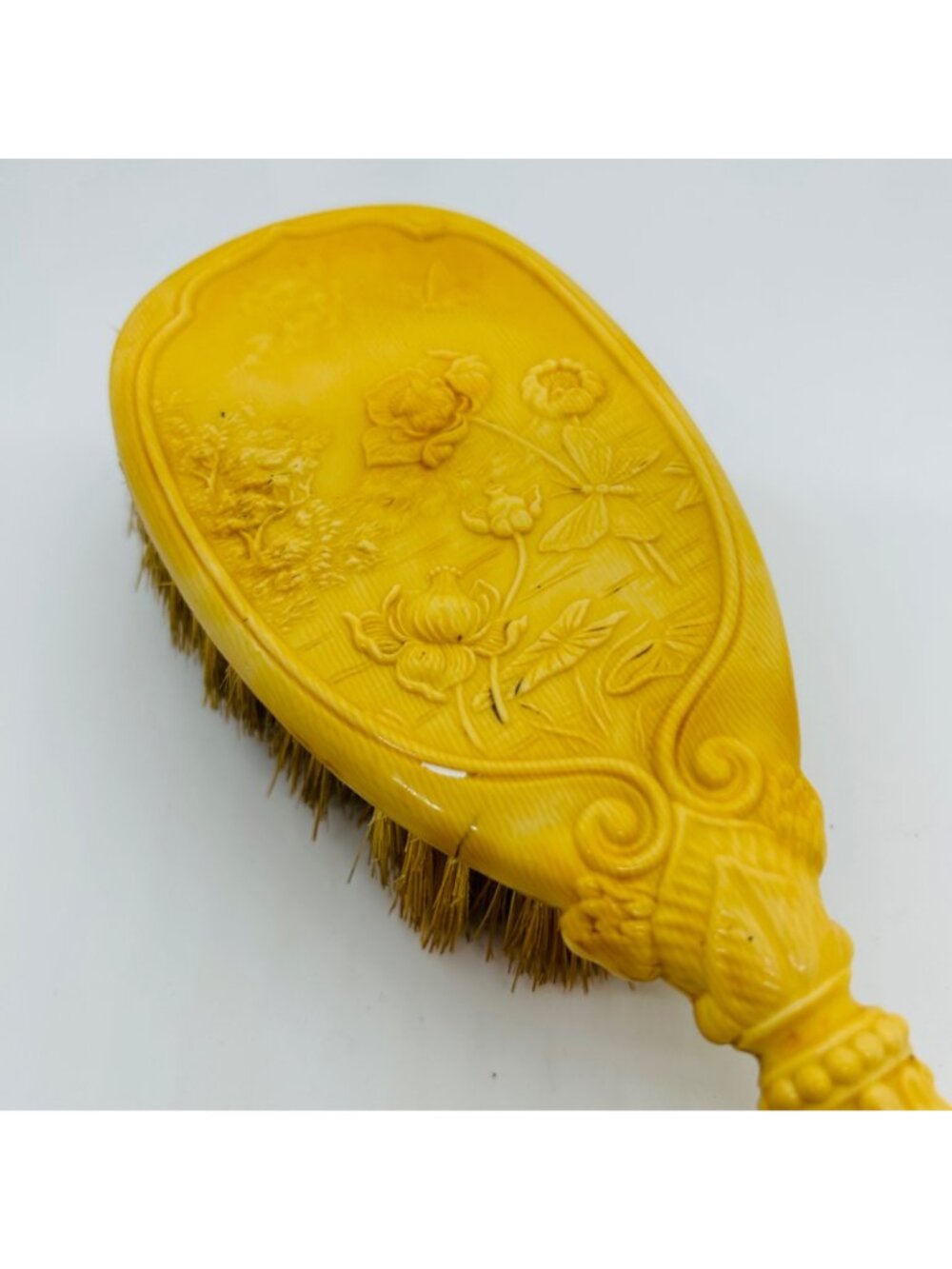 Vintage Celluloid Hair Brush Rose Design Floral Art Nouveau Yellow Vanity Dresse - Picture 2 of 10